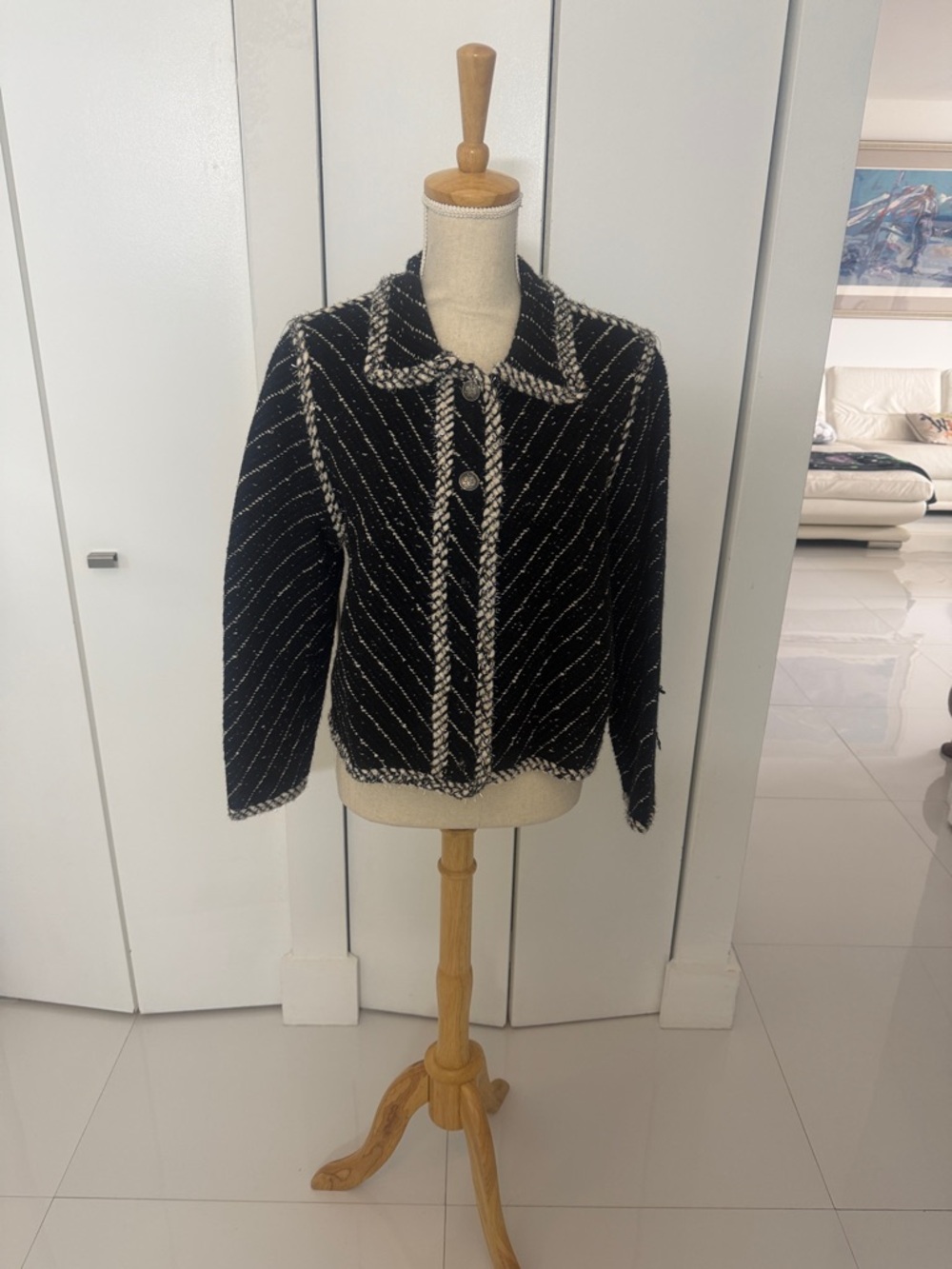 Zara Black Metallic Thread Tweed Jacket with White Trim